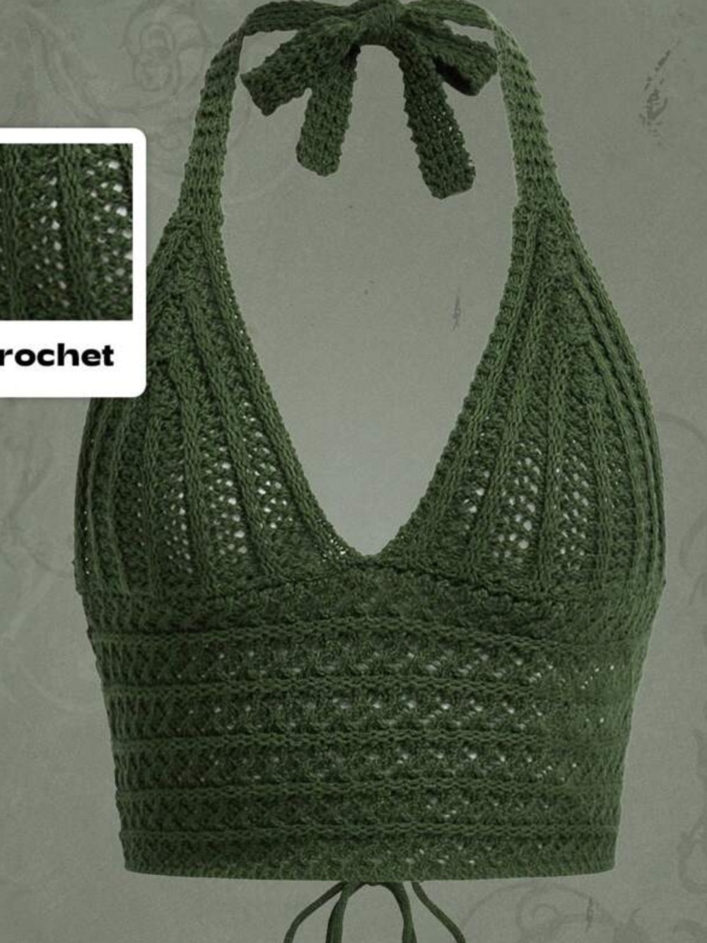 ROMWE Olive Crochet Halter Tie-Back Crop Top